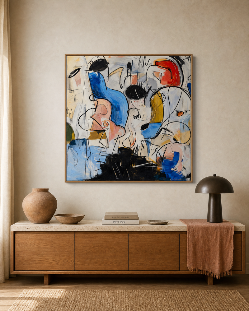 A framed abstract painting shown on a wall in a styled room, for scale reference.