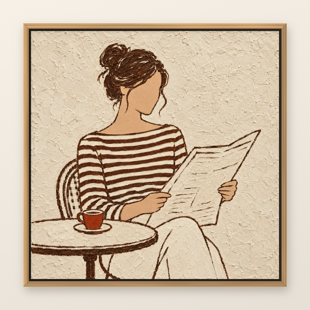 Line art oil painting of a woman in a striped top reading at a cafe table, shown in a slim oak floater frame on a warm white wall