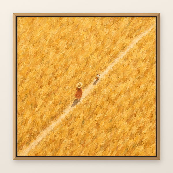 Aerial oil painting of a woman in a straw hat walking a dog through a golden wheat field, shown in a slim oak floater frame on a warm white wall