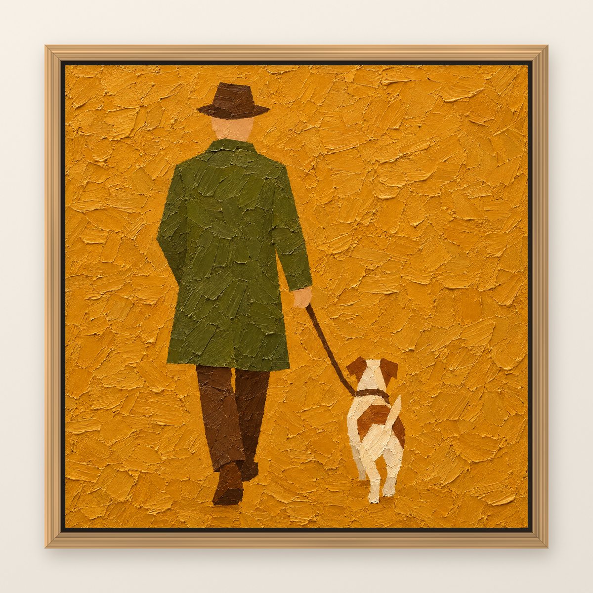 Oil painting of a man in an olive coat walking a small dog, shown in a slim oak floater frame on a warm white wall