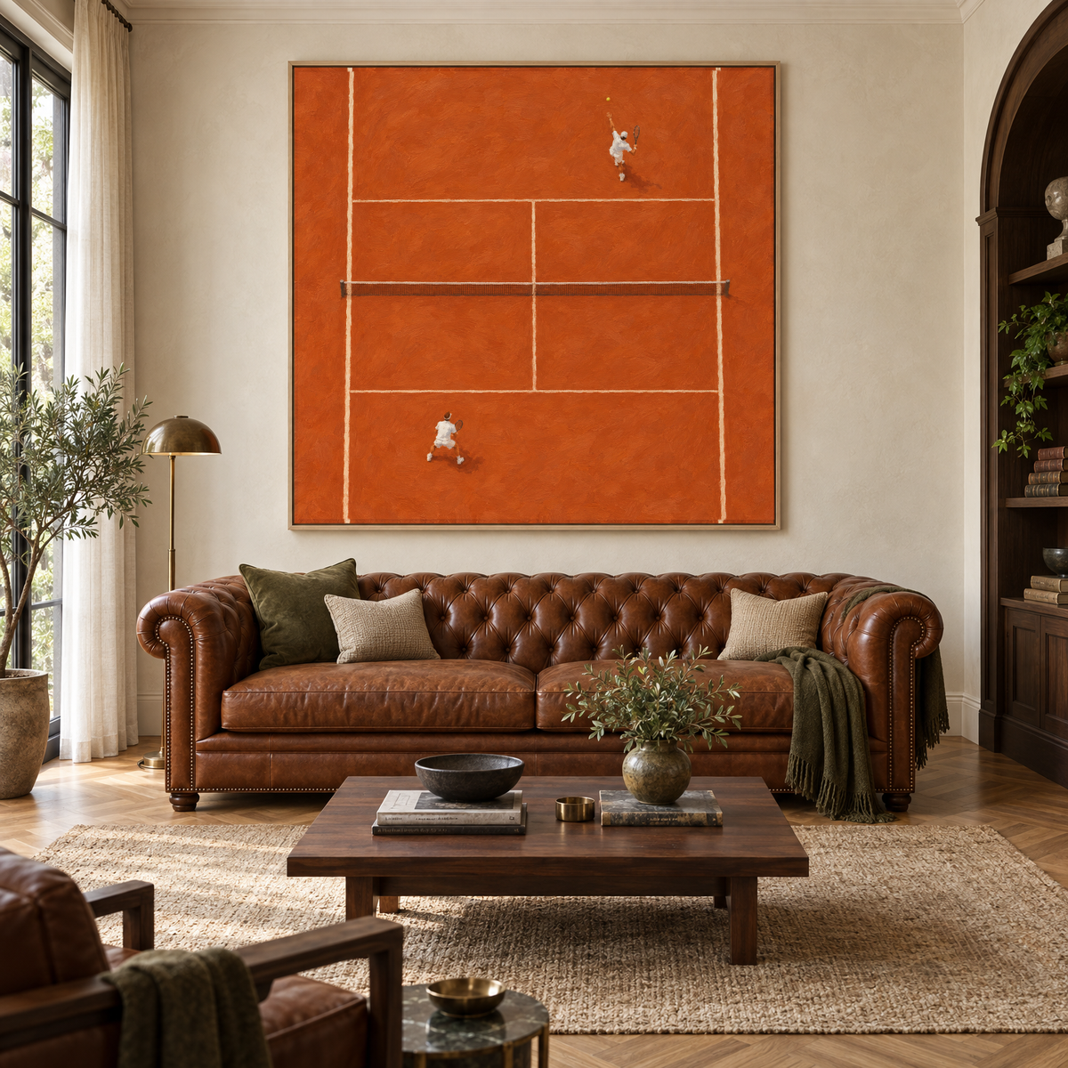 Oversized 72x72 tennis painting above a leather sofa in a living room