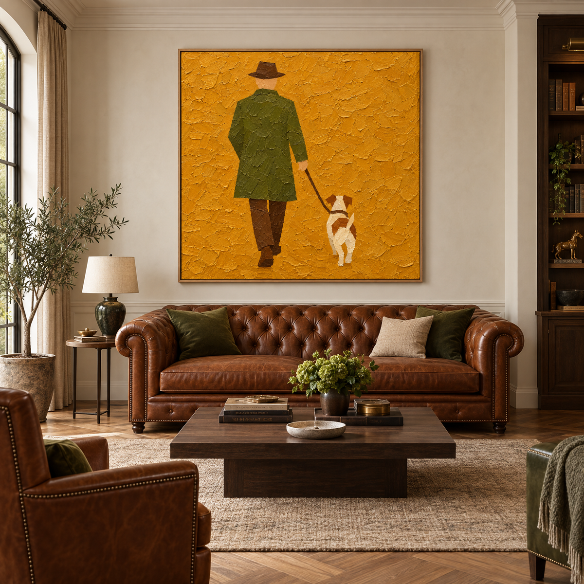 Oversized 72x72 inch oil painting of a man in an olive coat walking a small dog above a sofa in a classic clubhouse-style living room