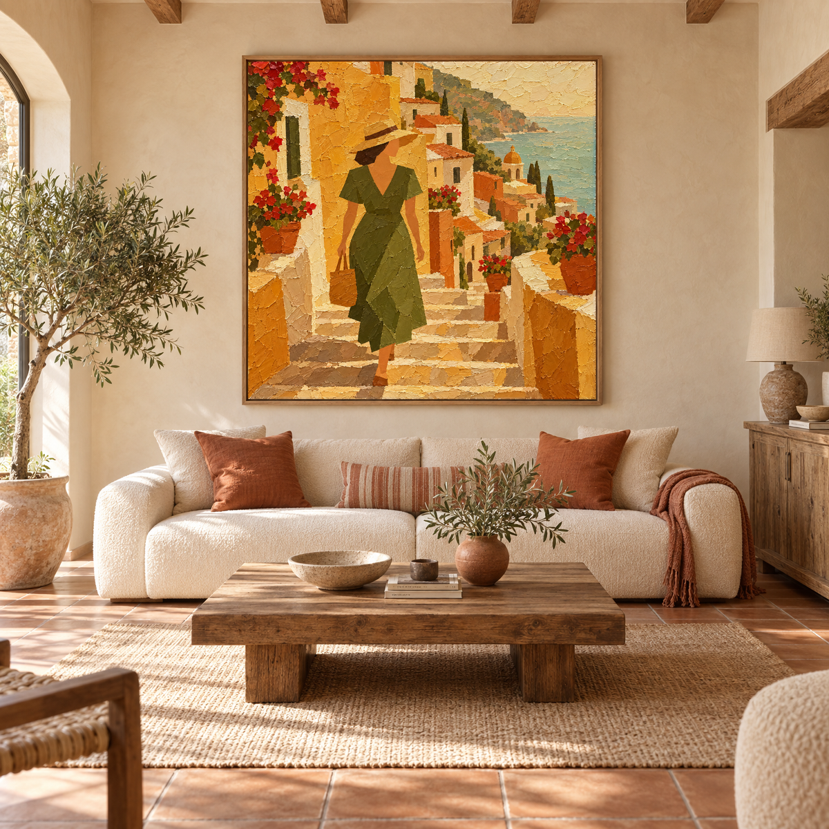 Oversized 72x72 inch Amalfi Coast oil painting of a woman walking down sunlit village steps above a sofa in a sunlit Mediterranean villa living room