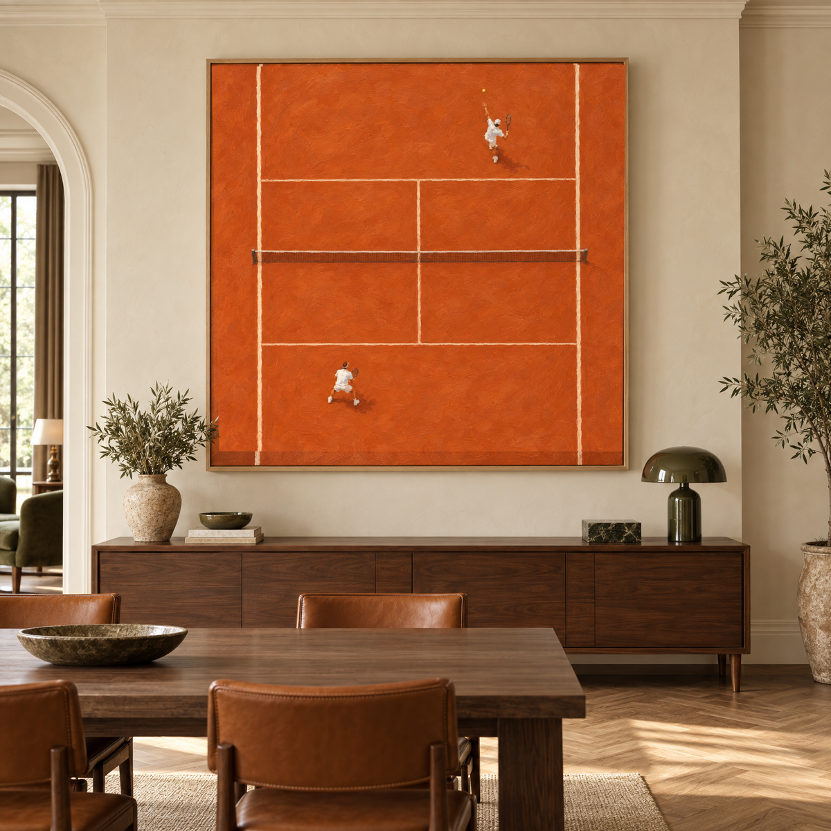 Oversized tennis wall art above a sideboard in a dining room