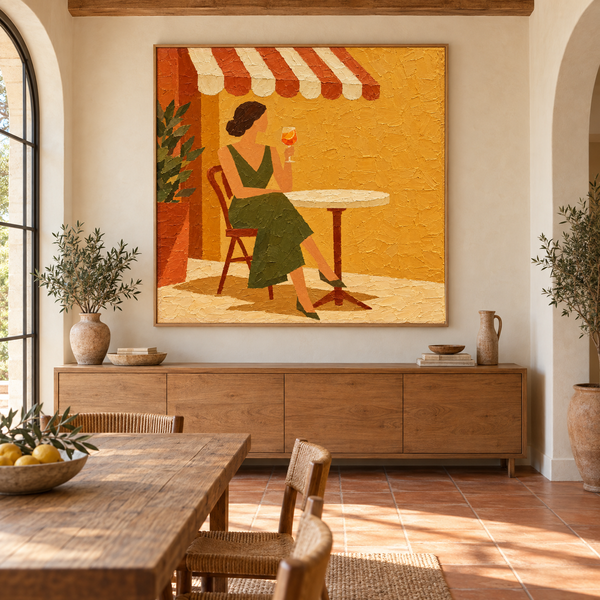 Oversized 72x72 inch cafe terrace oil painting of a woman with an orange spritz above a sideboard in a sunlit Mediterranean villa dining room