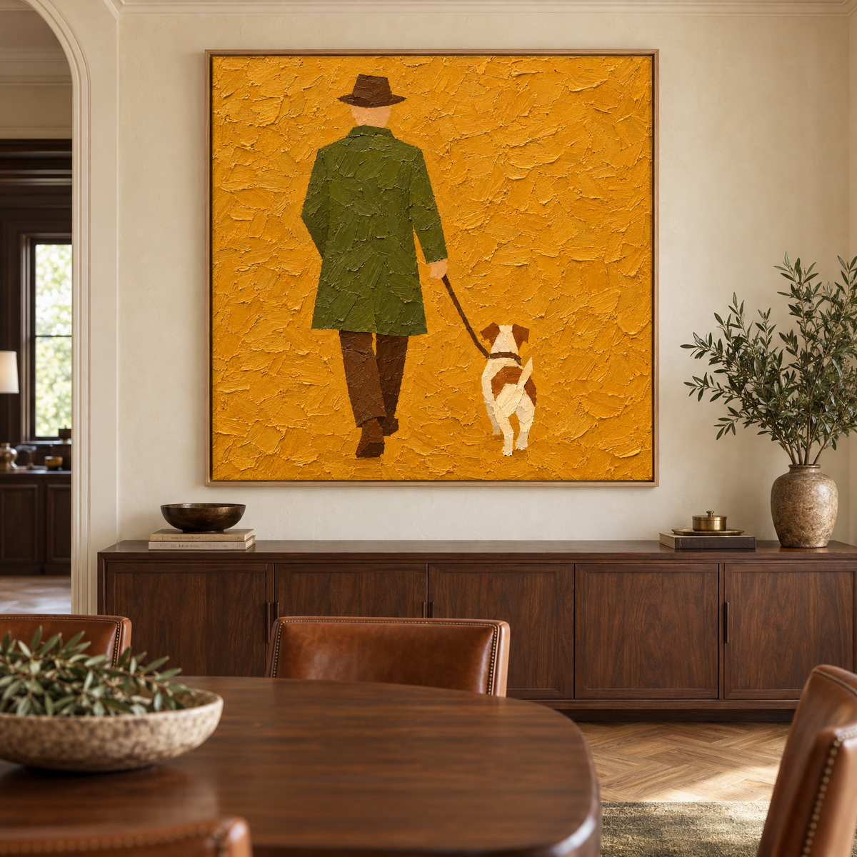 Oversized 72x72 inch oil painting of a man in an olive coat walking a small dog above a sideboard in a classic clubhouse-style dining room