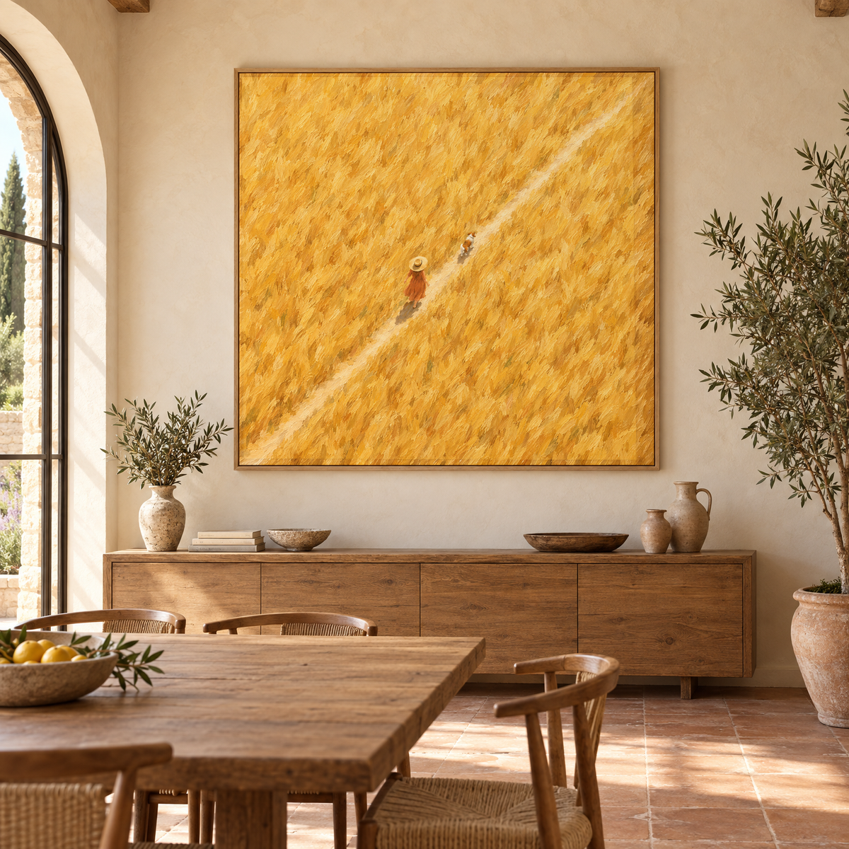 Oversized 72x72 inch aerial oil painting of a woman in a straw hat walking a dog through a golden wheat field above a sideboard in a sunlit Mediterranean villa dining room