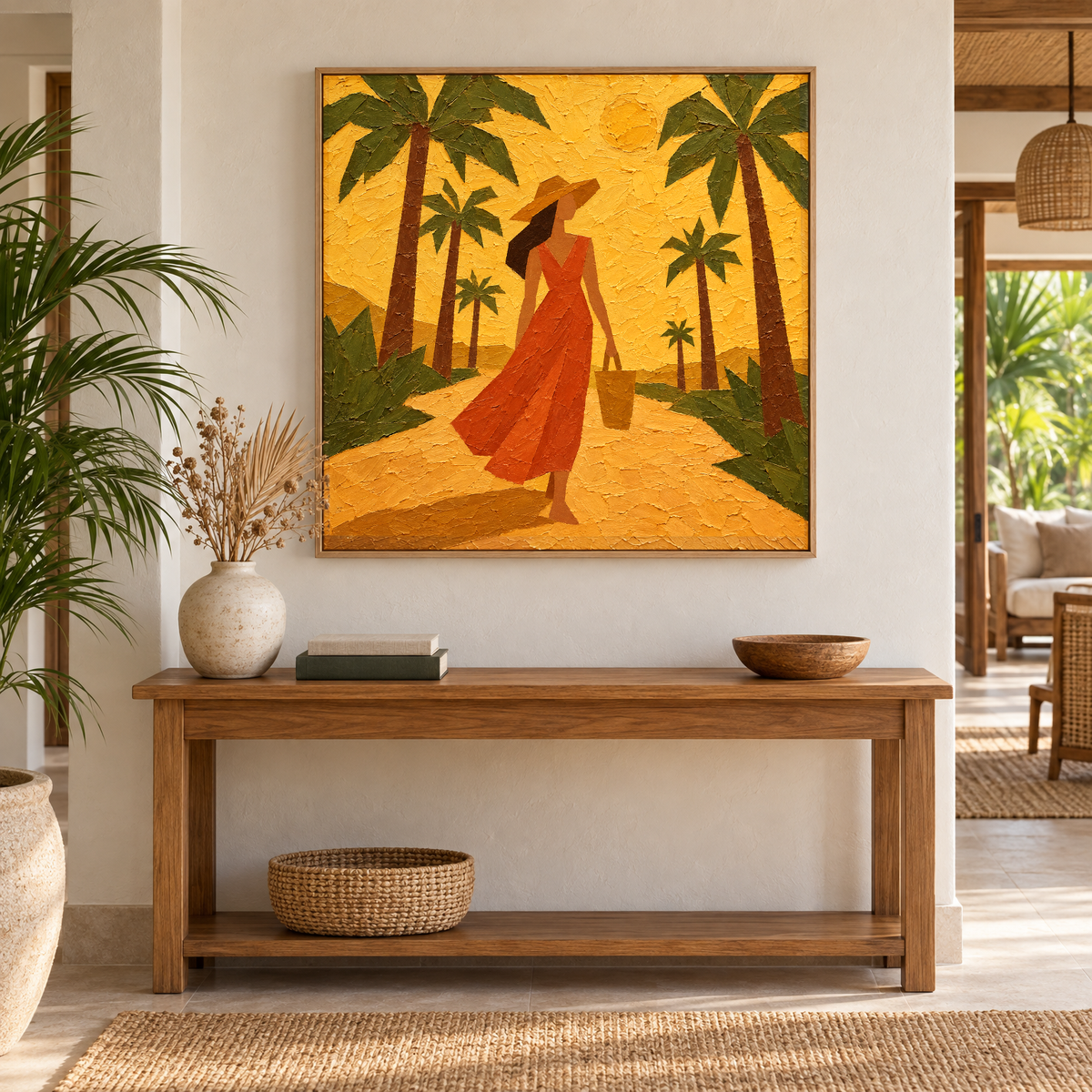 40x40 inch oil painting of a woman in a terracotta dress walking under palm trees above a console table in a tropical resort-style entryway