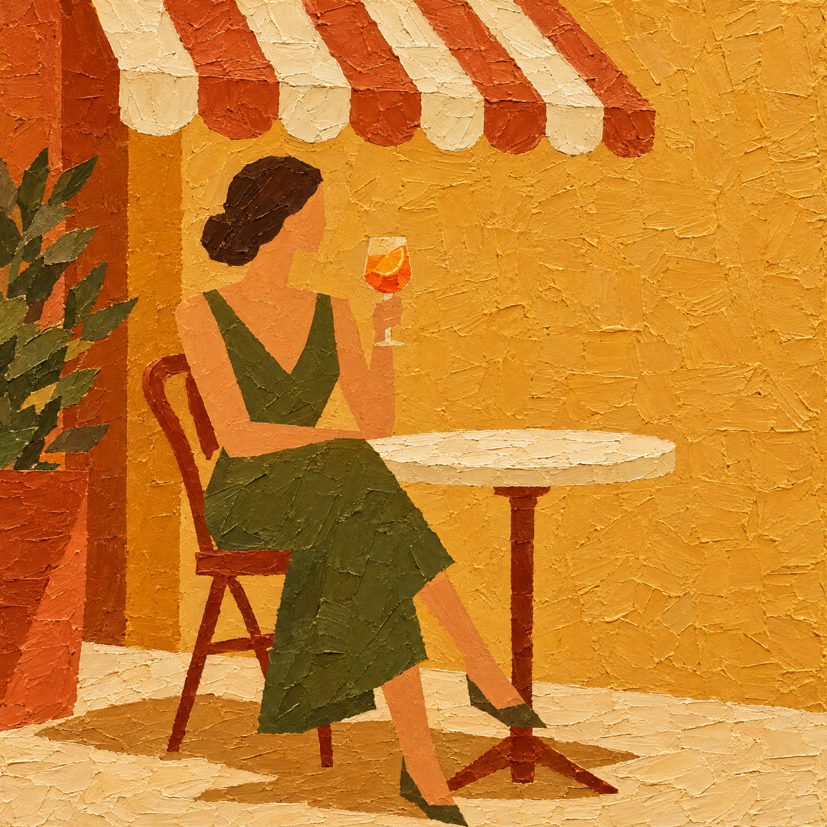 Cafe terrace oil painting of a woman with an orange spritz, full artwork detail