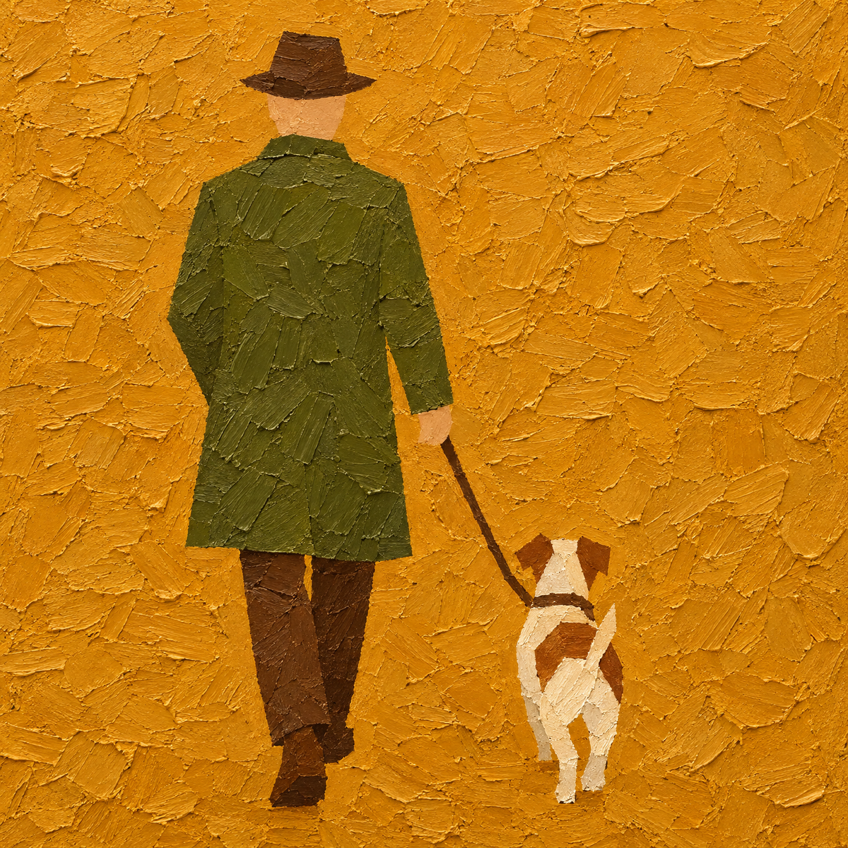 Oil painting of a man in an olive coat walking a small dog, full artwork detail