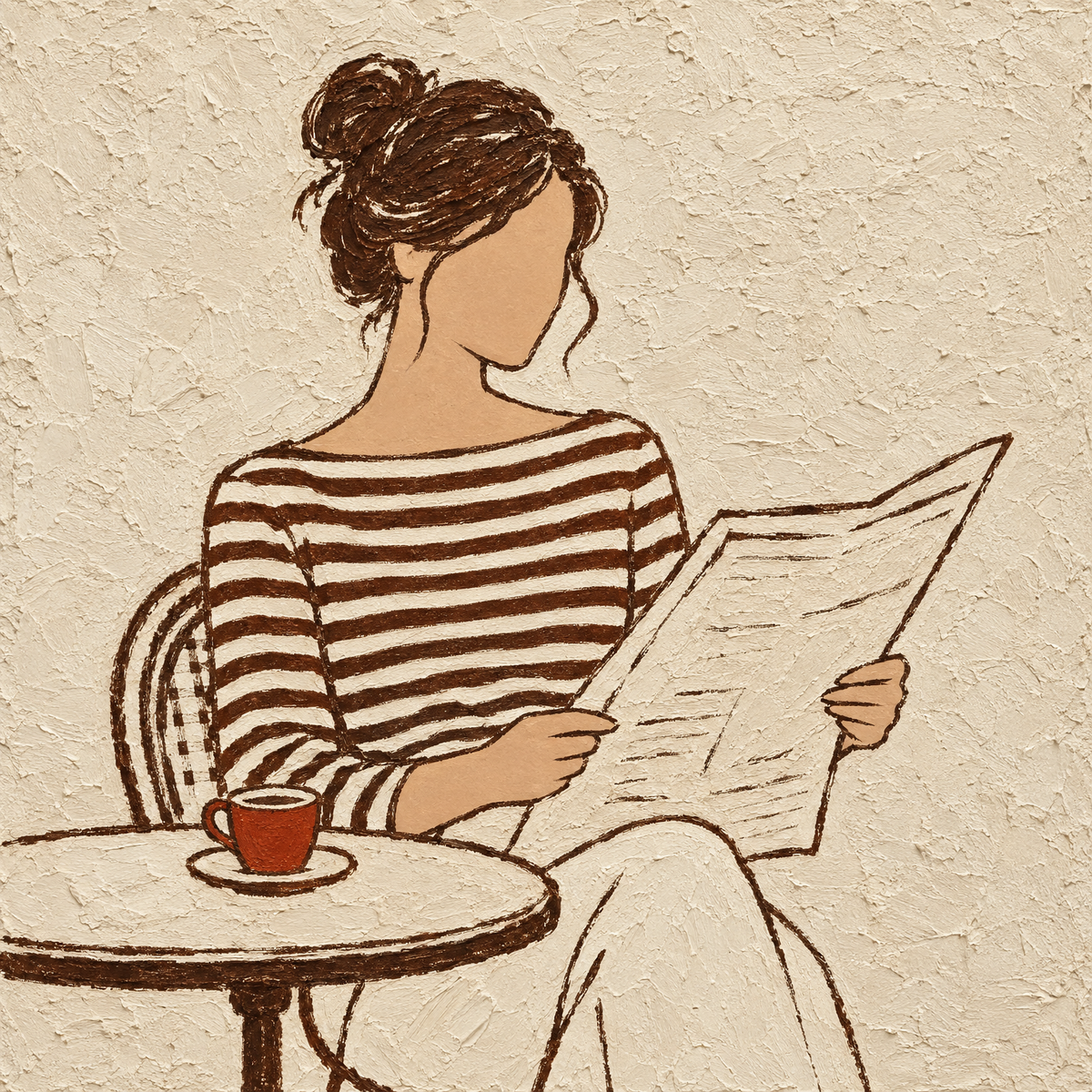 Line art oil painting of a woman in a striped top reading at a cafe table, full artwork detail