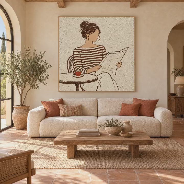 Video of the line art oil painting of a woman in a striped top reading at a cafe table