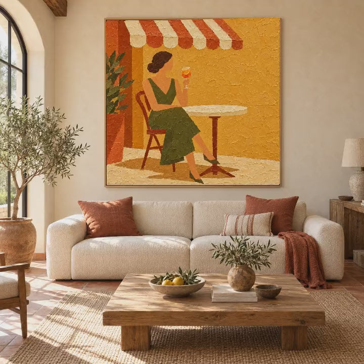 Video of the cafe terrace oil painting of a woman with an orange spritz
