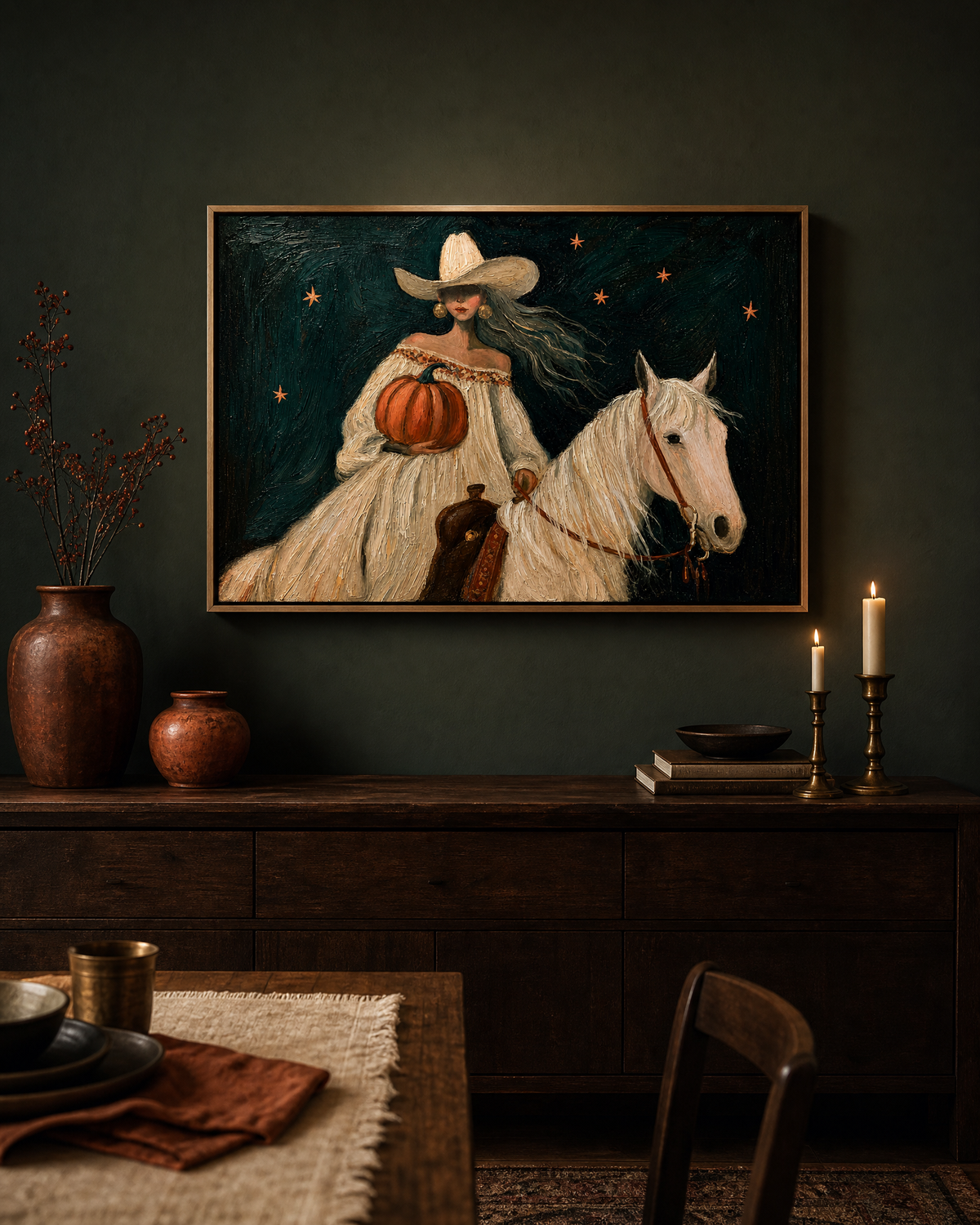 Cowgirl with Pumpkin on White Horse