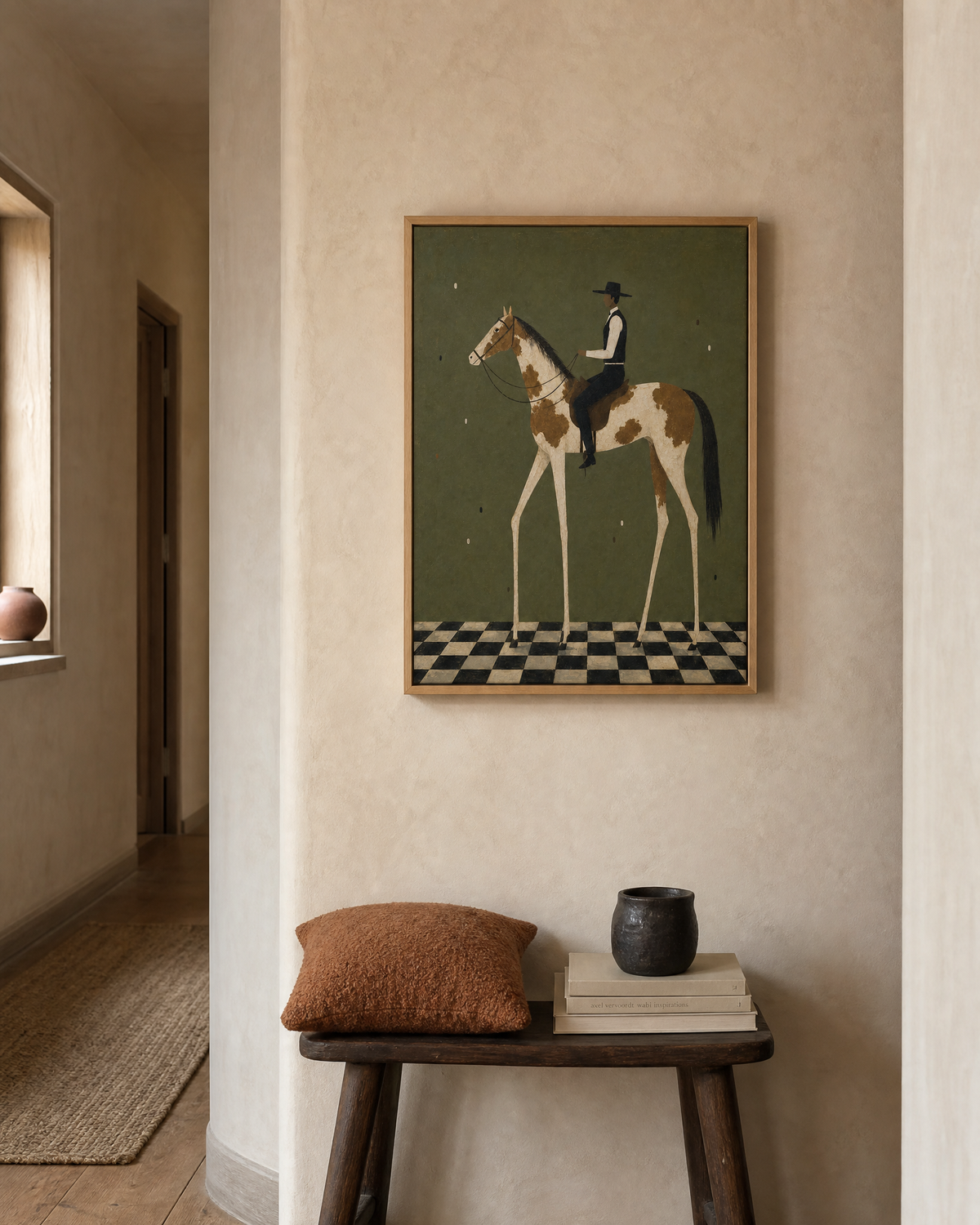 Long-Legged Pinto Rider on Olive Ground