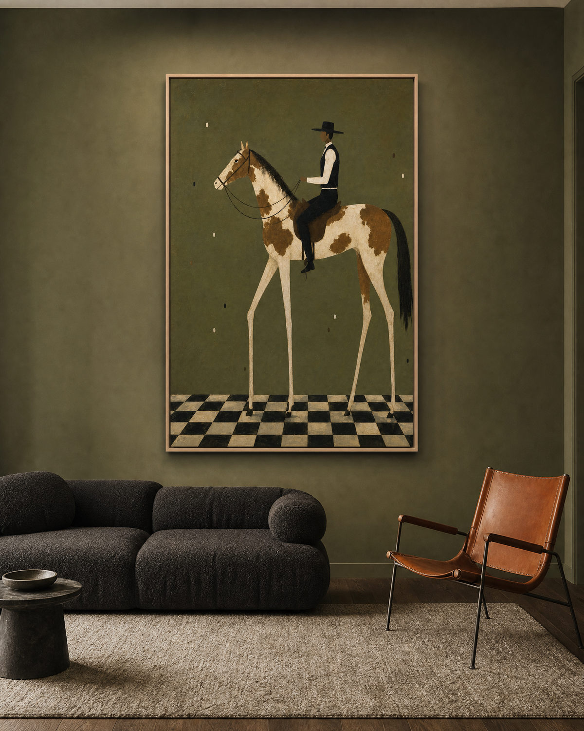 Long-Legged Pinto Rider on Olive Ground