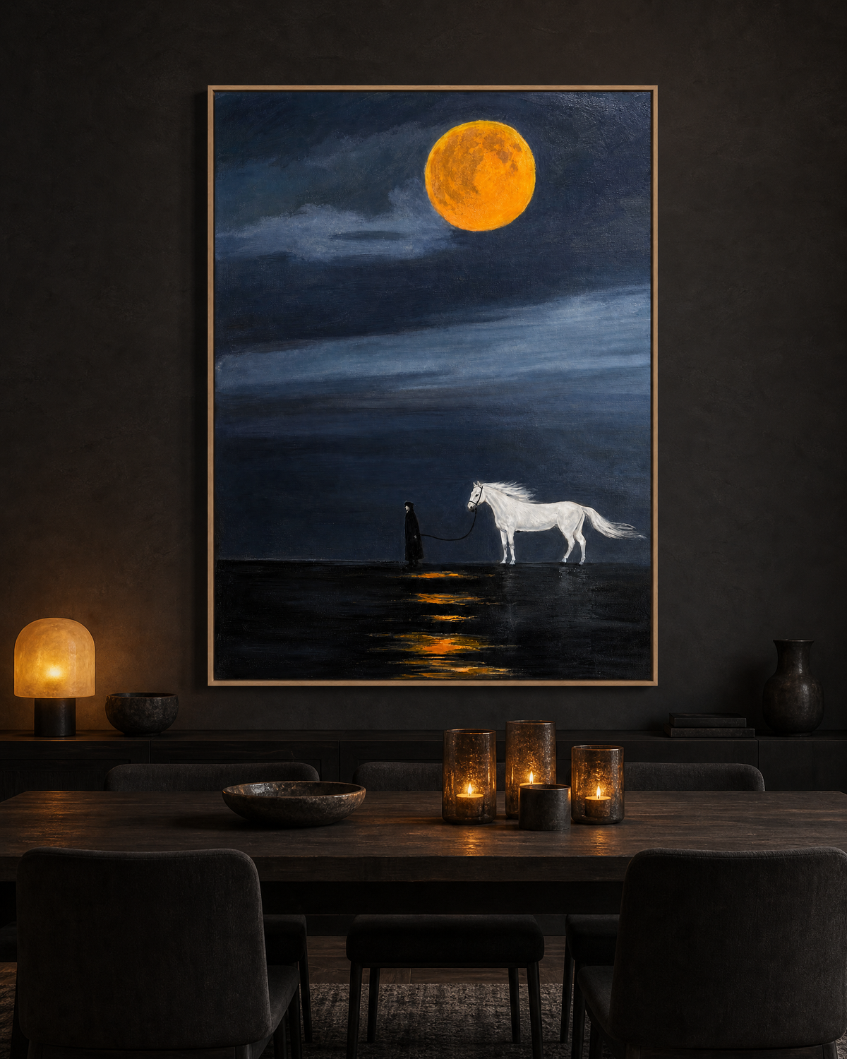 Leading the White Horse Under an Amber Moon
