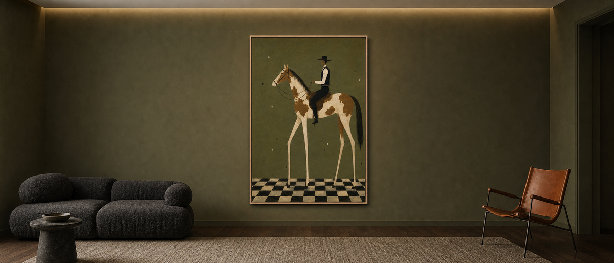 Long-Legged Pinto Rider on Olive Ground
