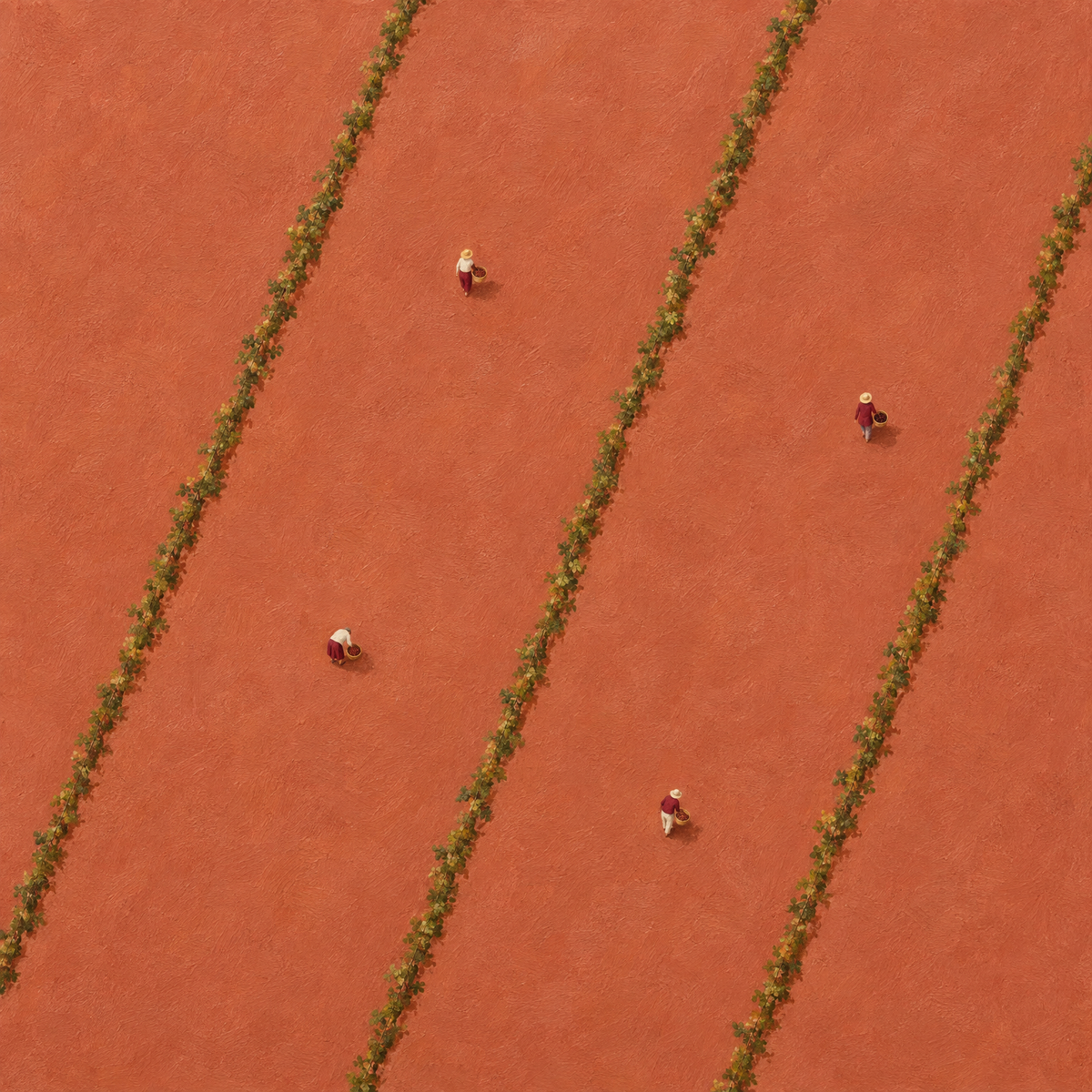 Aerial vineyard oil painting with tiny grape pickers between vine rows, full artwork detail